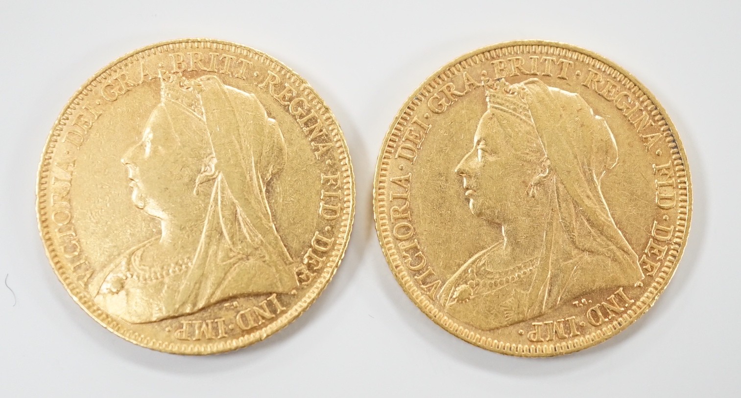 Two Victoria gold sovereigns, 1895 & 1899.